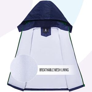 SaphiRose Kids Rain Jacket Waterproof Raincoat Mesh Lined Coat with Removable Hood for Boys Girls (Navy,8-9 years)