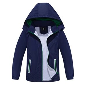 saphirose kids rain jacket waterproof raincoat mesh lined coat with removable hood for boys girls (navy,8-9 years)
