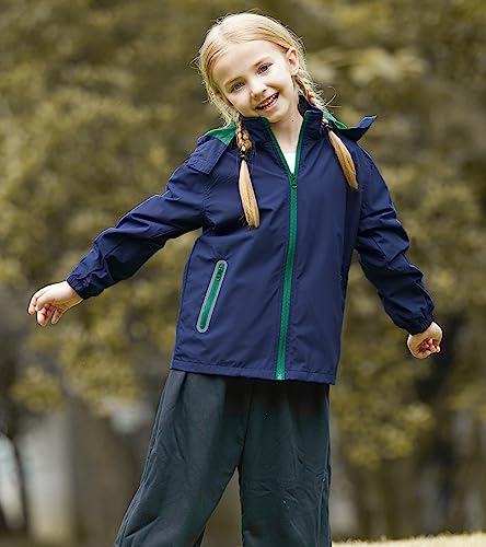 SaphiRose Kids Rain Jacket Waterproof Raincoat Mesh Lined Coat with Removable Hood for Boys Girls (Navy,8-9 years)