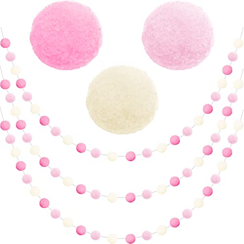 Jishi 3-Pack Pom Pom Garland Pink Felt Ball Ornament Garland Christmas Decorations, Cute Pompom Strings for Christmas Tree Decor, Xmas Holiday Party, Birthday Banner - 6.6 Feet Long, 24 Balls 25mm