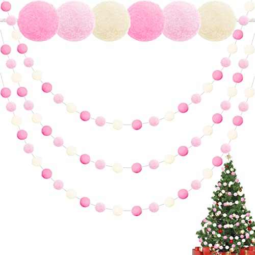 Jishi 3-Pack Pom Pom Garland Pink Felt Ball Ornament Garland Christmas Decorations, Cute Pompom Strings for Christmas Tree Decor, Xmas Holiday Party, Birthday Banner - 6.6 Feet Long, 24 Balls 25mm