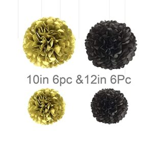 YESON Black and Gold Tissue Paper Pom Poms Hanging Tissue Flowers Poms Decorations Pack of 12 for Wedding, Birthday,Party Backdrop Decor ect. (12", 10",Tissue Paper Flowers)