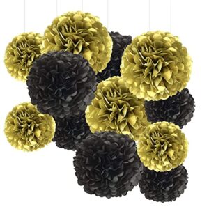 yeson black and gold tissue paper pom poms hanging tissue flowers poms decorations pack of 12 for wedding, birthday,party backdrop decor ect. (12", 10",tissue paper flowers)