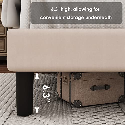 HOSTACK Full Size Bed Frame, Modern Upholstered Platform Bed with Wingback Headboard, Heavy Duty Button Tufted Bed Frame with Wood Slat Support, Easy Assembly, No Box Spring Needed(Beige, Full)