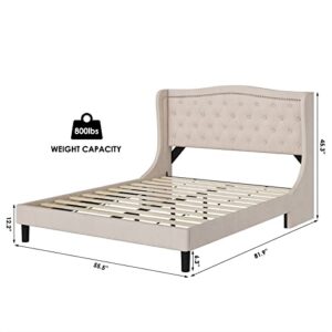 HOSTACK Full Size Bed Frame, Modern Upholstered Platform Bed with Wingback Headboard, Heavy Duty Button Tufted Bed Frame with Wood Slat Support, Easy Assembly, No Box Spring Needed(Beige, Full)