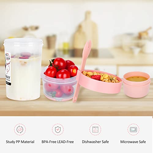 26 oz Breakfast On the Go Cups,Take and Go Yogurt Cup with Topping Cereal Cup with Fork,Leak-proof Overnight Oats or Oatmeal Container Jar,Portable Reusable Yogurt Snack Parfait Containers(Pink)