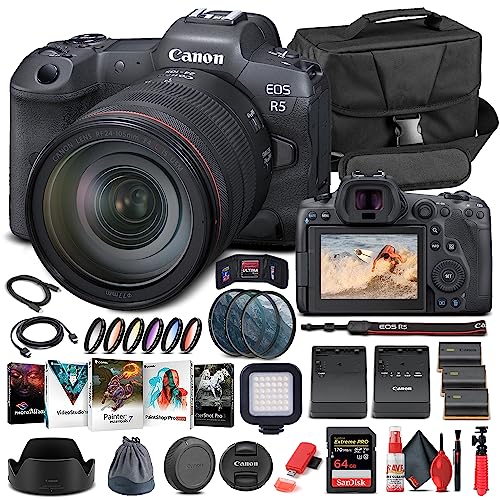 Canon EOS R5 Mirrorless Digital Camera with 24-105mm f/4L Lens (4147C013), 64GB Memory Card, Case, Corel Photo Software, 2 x LPE6 Battery, External Charger, Card Reader, LED Light + More (Renewed)