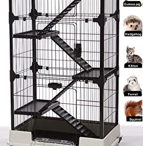 52-inch Deluxe and Spacious 5-Level Indoor Outdoor Ferret Chinchilla Guinea Pig Cage Rabbit Hutch Paw Safe Solid Platform Ramp Mesh Floor Leakproof Tray Large Access Doors (Black, 52-inch, 5-Level)