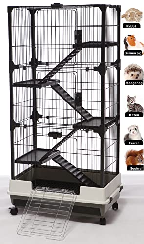 52-inch Deluxe and Spacious 5-Level Indoor Outdoor Ferret Chinchilla Guinea Pig Cage Rabbit Hutch Paw Safe Solid Platform Ramp Mesh Floor Leakproof Tray Large Access Doors (Black, 52-inch, 5-Level)