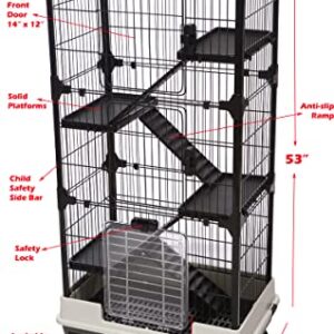 52-inch Deluxe and Spacious 5-Level Indoor Outdoor Ferret Chinchilla Guinea Pig Cage Rabbit Hutch Paw Safe Solid Platform Ramp Mesh Floor Leakproof Tray Large Access Doors (Black, 52-inch, 5-Level)