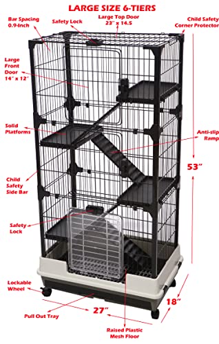 52-inch Deluxe and Spacious 5-Level Indoor Outdoor Ferret Chinchilla Guinea Pig Cage Rabbit Hutch Paw Safe Solid Platform Ramp Mesh Floor Leakproof Tray Large Access Doors (Black, 52-inch, 5-Level)