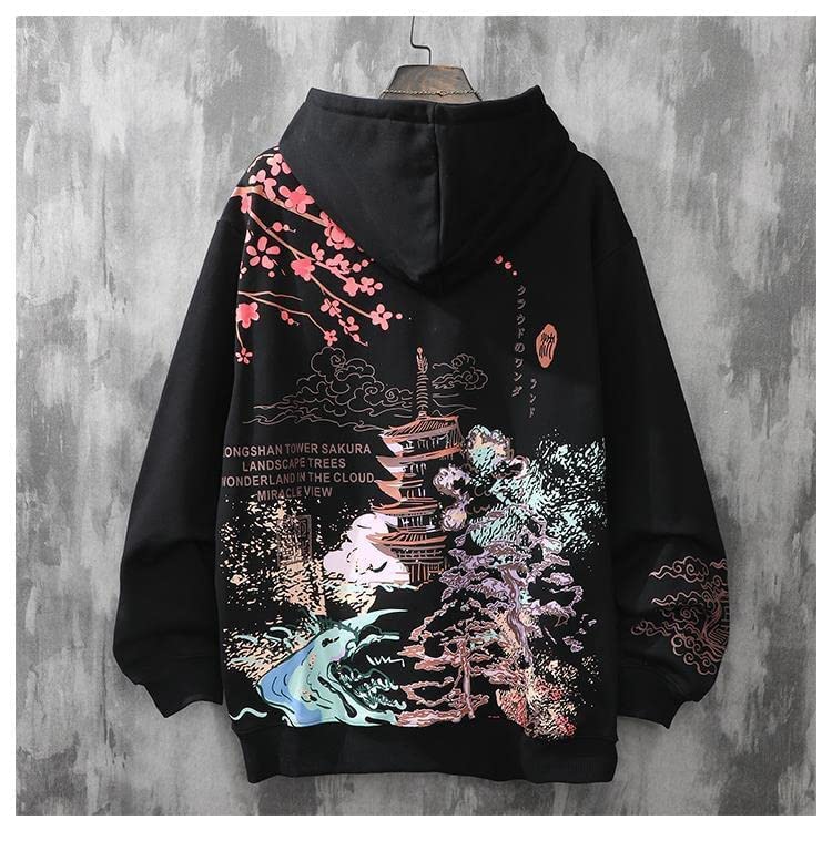 Women Men Aesthetic Japanese Sakura Hoodie, Y2K Anime Harajuku Cloth Korean Hooded Long Sleeve Sweatshirt for Winter Fall (Black,XL,X-Large)