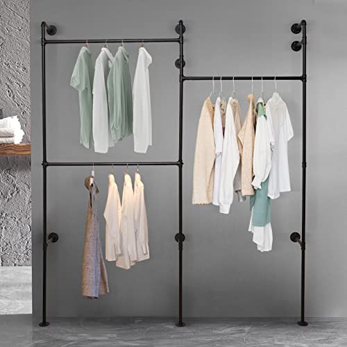 LiFuJunDong Wall Mounted Industrial Pipe Clothing Rack, Black Clothing Rack Heavy Duty Metal Commercial Clothes Racks for Hanging Clothes, Clothing Rods Vintage Retail Garment Rack Display Rack