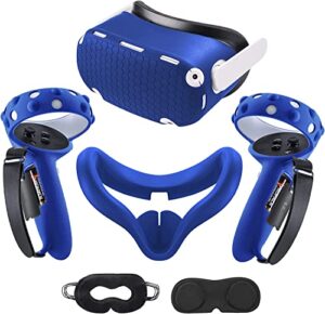 compatible with oculus quest 2 accessories, silicone face cover, vr shell cover, touch controller lengthening grip cover with battery opening adjustable with knuckle straps dark blue