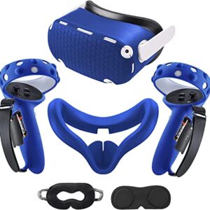 Compatible with Oculus Quest 2 Accessories, Silicone Face Cover, VR Shell Cover, Touch Controller Lengthening Grip Cover with Battery Opening Adjustable with Knuckle Straps Dark Blue