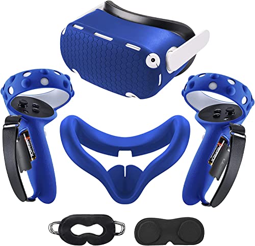 Compatible with Oculus Quest 2 Accessories, Silicone Face Cover, VR Shell Cover, Touch Controller Lengthening Grip Cover with Battery Opening Adjustable with Knuckle Straps Dark Blue