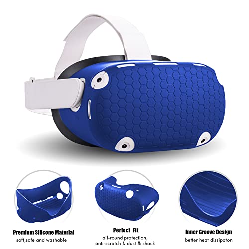 Compatible with Oculus Quest 2 Accessories, Silicone Face Cover, VR Shell Cover, Touch Controller Lengthening Grip Cover with Battery Opening Adjustable with Knuckle Straps Dark Blue