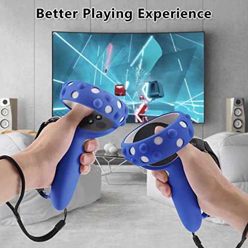 Compatible with Oculus Quest 2 Accessories, Silicone Face Cover, VR Shell Cover, Touch Controller Lengthening Grip Cover with Battery Opening Adjustable with Knuckle Straps Dark Blue