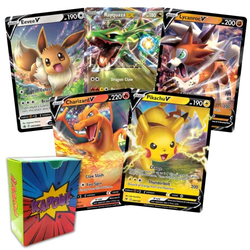 Kapow Cards 5 Ultra Rare Bundle: NO DUPLICATES “EX, GX, V” Includes Collection Deck Box! Compatible with Pokemon Cards