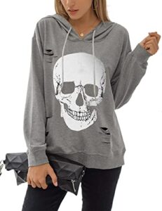 blooming jelly women's skeleton hoodie skull graphic hoodies long sleeve top pullover oversized sweatshirt（x-large,grey-hoodie）
