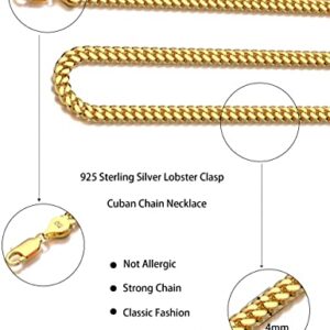 Waitsoul 925 Sterling Silver Cuban Chain Lobster Clasp 4mm 18k Gold Over Cuban Link Curb Chain Necklace for Women Men Diamond Cut 16-30 Inches(20)