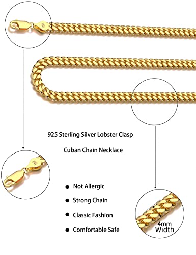 Waitsoul 925 Sterling Silver Cuban Chain Lobster Clasp 4mm 18k Gold Over Cuban Link Curb Chain Necklace for Women Men Diamond Cut 16-30 Inches(20)