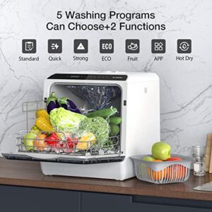 BLITZHOME Portable Dishwasher Countertop, WIFI Smart Dishwasher, Compact Dishwashers with 5L Built-in Water Tank, 5 Programs, 360° Dual Spray, High-Temp& Air-Dry Function, Fruit Cleaning