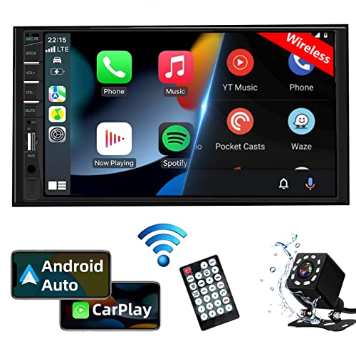 Double Din Car Stereo Wireless CarPlay Wireless Android Auto, 7inch Car Audio Receiver MP5 Player Car Radio Touchscreen with Bluetooth, Mirror Link, Backup Camera, FM, SWC, USB/AUX/TF/Subwoofer