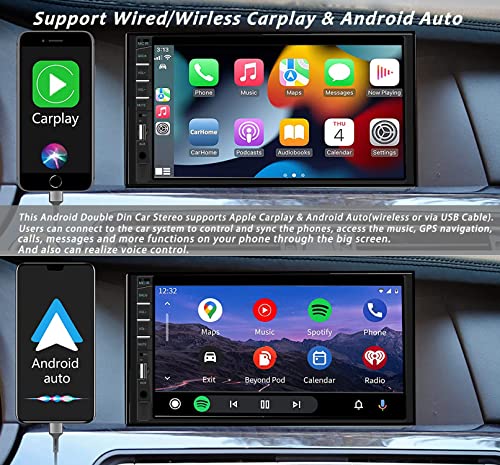 Double Din Car Stereo Wireless CarPlay Wireless Android Auto, 7inch Car Audio Receiver MP5 Player Car Radio Touchscreen with Bluetooth, Mirror Link, Backup Camera, FM, SWC, USB/AUX/TF/Subwoofer