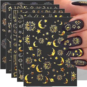 3d moon star nail stickers,holographic nail decals,stars moon sun planets design laser gold nail art stickers self adhesive sticker nail art decorations women diy nail accessories,6 sheets/set