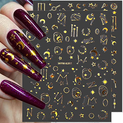 3D Moon Star Nail Stickers,Holographic Nail Decals,Stars Moon Sun Planets Design Laser Gold Nail Art Stickers Self Adhesive Sticker Nail Art Decorations Women DIY Nail Accessories,6 Sheets/Set