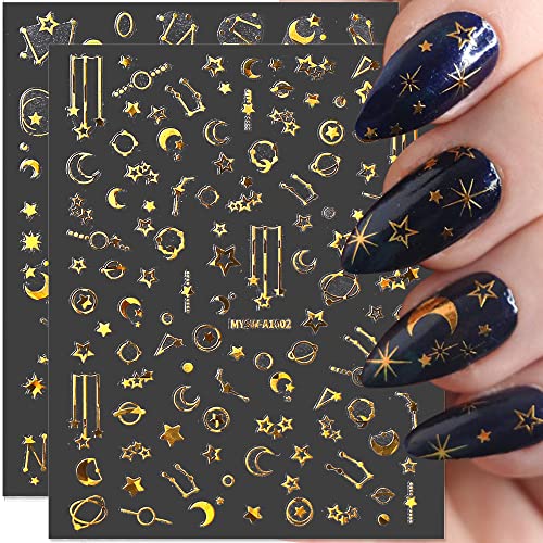 3D Moon Star Nail Stickers,Holographic Nail Decals,Stars Moon Sun Planets Design Laser Gold Nail Art Stickers Self Adhesive Sticker Nail Art Decorations Women DIY Nail Accessories,6 Sheets/Set