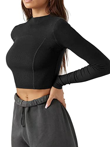 LASLULU Womens Cropped Long Sleeve Athletic Shirts Crop Tops Seamless Slim Fit Workout Yoga Sports Tops Pullover Outwear(Black Large)