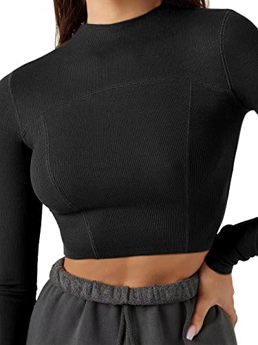 LASLULU Womens Cropped Long Sleeve Athletic Shirts Crop Tops Seamless Slim Fit Workout Yoga Sports Tops Pullover Outwear(Black Large)