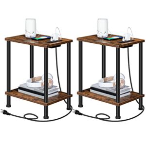hoobro side table with charging station, set of 2 end tables with usb ports and outlets, nightstand with 2-layer storage shelves for small spaces, living room, bedroom, rustic brown bf09ubzp201