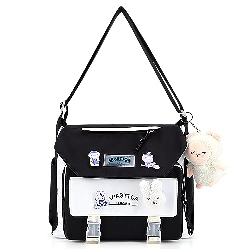 Aesthetic Messenger Bag with Stuffed Pendant and Pins Kawaii Crossbody Bag for Women nylon Messenger Bag Japanese Ita Bag Casual Shoulder Bag