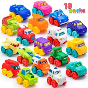 joyin 18 pcs cartoon cars, soft rubber toy car set, mini toy vehicles, bath toy car for toddlers, gift for boys and girls christmas birthday, summer beach and pool activity, party favors for kids
