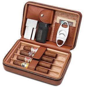 flauno cigar travel humidor case, leather cigar case with cedar wood lined, portable travel humidor box with cigar accessories (cigar lighter, cigar cutter and cigar holder)