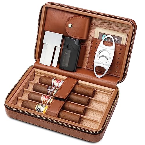 Flauno Cigar Travel Humidor Case, Leather Cigar Case with Cedar Wood Lined, Portable Travel Humidor Box with Cigar Accessories (Cigar Lighter, Cigar Cutter and Cigar Holder)