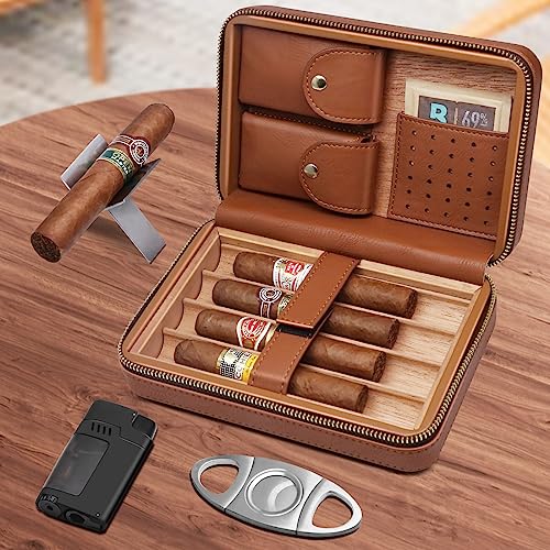 Flauno Cigar Travel Humidor Case, Leather Cigar Case with Cedar Wood Lined, Portable Travel Humidor Box with Cigar Accessories (Cigar Lighter, Cigar Cutter and Cigar Holder)