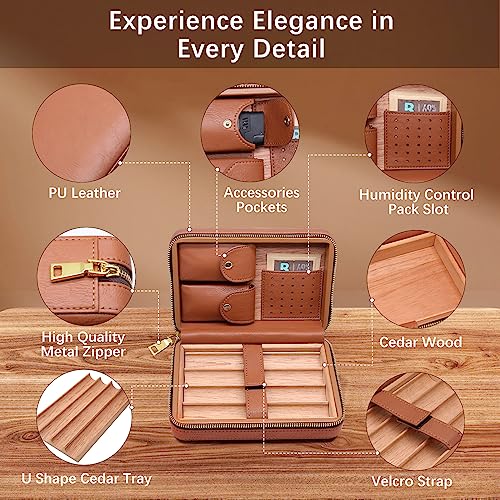 Flauno Cigar Travel Humidor Case, Leather Cigar Case with Cedar Wood Lined, Portable Travel Humidor Box with Cigar Accessories (Cigar Lighter, Cigar Cutter and Cigar Holder)