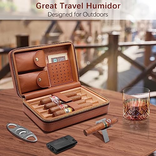 Flauno Cigar Travel Humidor Case, Leather Cigar Case with Cedar Wood Lined, Portable Travel Humidor Box with Cigar Accessories (Cigar Lighter, Cigar Cutter and Cigar Holder)