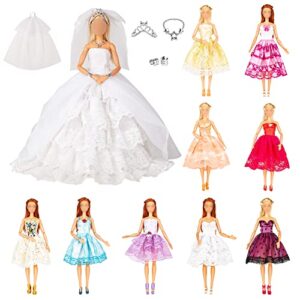 keysse doll clothes bride wedding dress with bridesmaid dress gorgeous trailing with double layer wedding veil, 5 accessories, veil + crown + necklace and bracelet, princess party dress for 11.5" doll