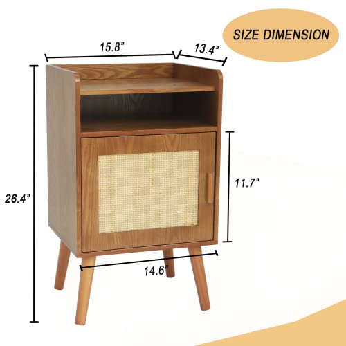 AWASEN Mid Century Modern Nightstand, Rattan Nightstand with 2-Tier Shelf and Door, Bedside Table with Storage for Small Spaces, Bedroom,Living Room, Easy Assembly, Brown Walnut