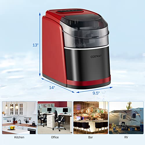 COSTWAY Countertop Ice Maker, Self-Cleaning Function, 26.5 LBS Ice Per Day, 9 Ice Cubes Ready in 6-13 Minutes, Fully Open, Portable Ice Machine with Ice Scoop, Basket for Kitchen Bar Office, Red