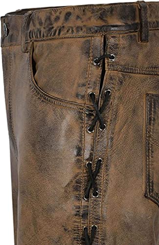 Cowboy Western Traditional Native American Leather Pants for Men Casual Classic Breeches Fashion Pant (Dirty Brown, 36'' Waist for 34'' 35'')