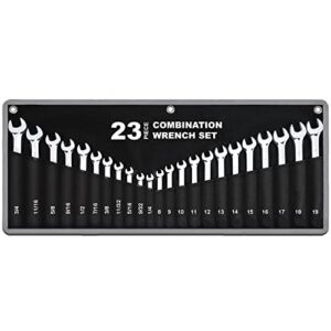 23-piece premium sae and metric combination wrench set in roll-up pouch | inch size 1/4 - 3/4” and metric size 8 - 19mm | chrome vanadium steel, mirror finish, 12-point box end and 15° angled open end