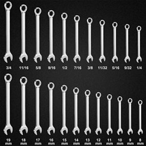 23-Piece Premium SAE and Metric Combination Wrench Set in Roll-up Pouch | Inch Size 1/4 - 3/4” and Metric Size 8 - 19mm | Chrome Vanadium Steel, Mirror Finish, 12-Point Box End and 15° Angled Open End