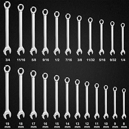 23-Piece Premium SAE and Metric Combination Wrench Set in Roll-up Pouch | Inch Size 1/4 - 3/4” and Metric Size 8 - 19mm | Chrome Vanadium Steel, Mirror Finish, 12-Point Box End and 15° Angled Open End