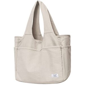 kyalou large canvas tote bag for women & men, casual shoulder bags with 13 exterior & interior pockets for work school gym beach travel shopping grocery (light gray)